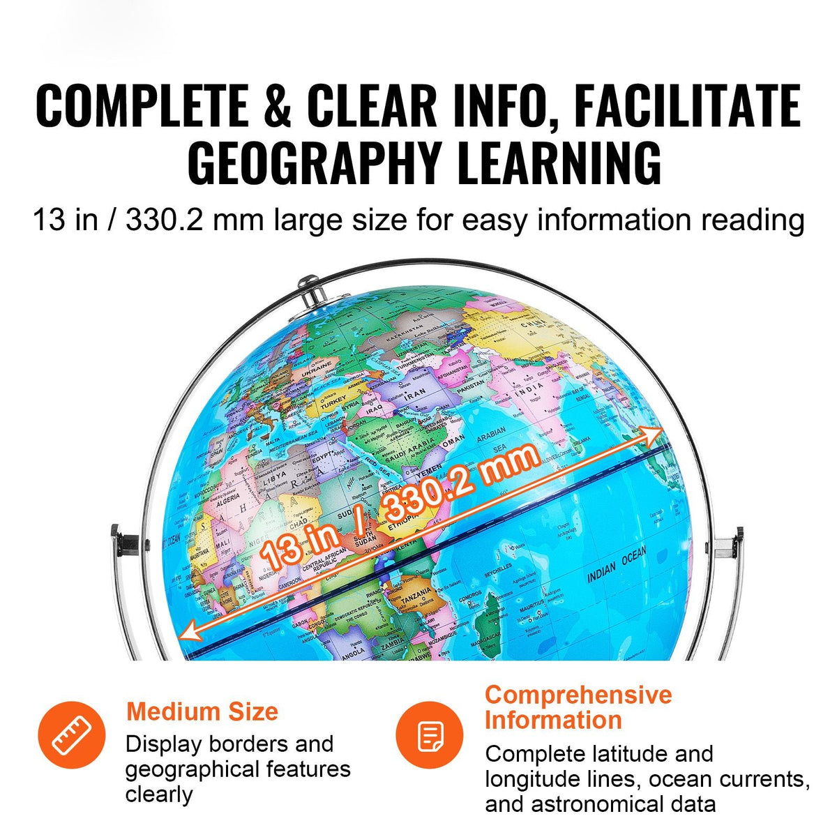 Illuminated World Globe with Stand, 13 in/330.2 mm, Educational Earth Globe with Stable Heavy Metal Base and LED Constellation Night Light HD Printed Map, Spinning for Kids Classroom Learning