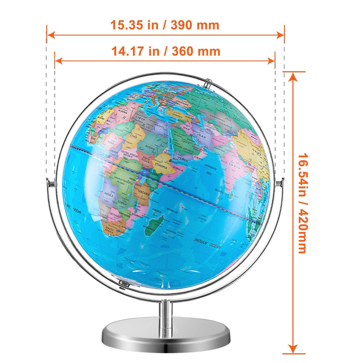 Illuminated World Globe with Stand, 13 in/330.2 mm, Educational Earth Globe with Stable Heavy Metal Base and LED Constellation Night Light HD Printed Map, Spinning for Kids Classroom Learning