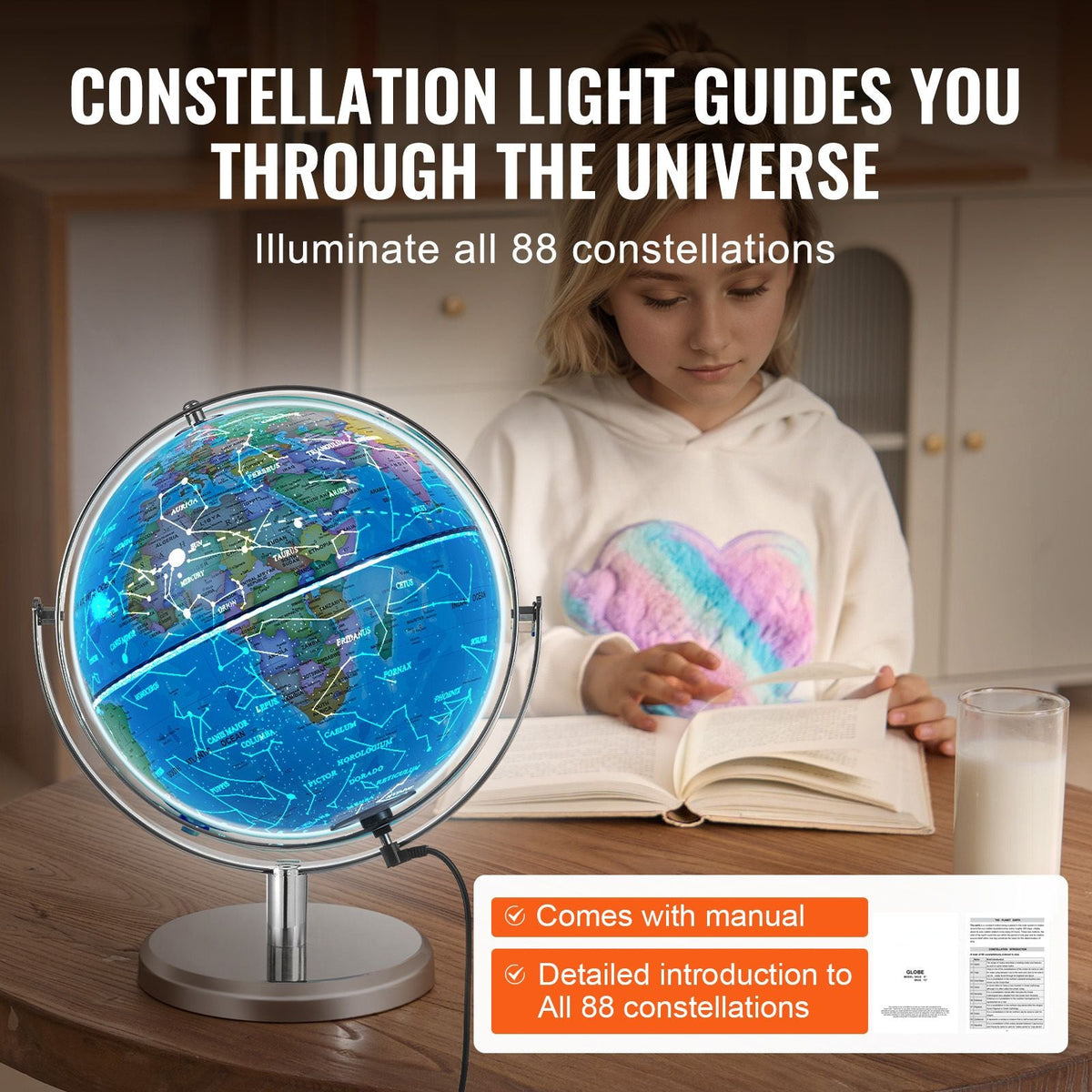 Illuminated World Globe with Stand, 9 in/228.6 mm, Educational Earth Globe with Stable Heavy Metal Base and LED Constellation Night Light HD Printed Map, Spinning for Kids Classroom Learning