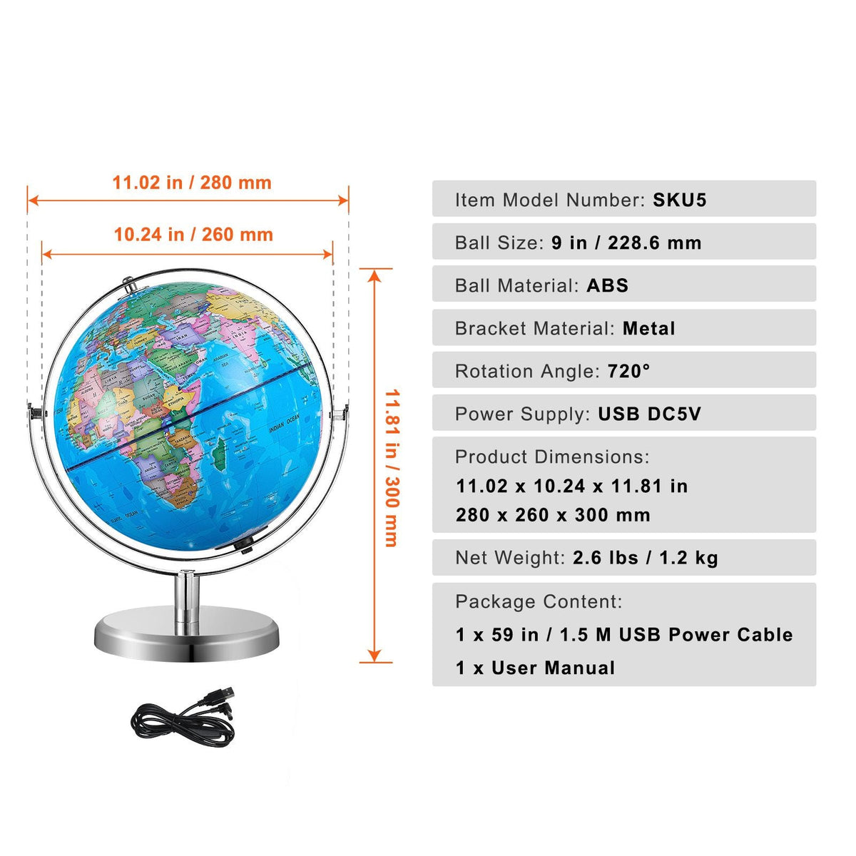 Illuminated World Globe with Stand, 9 in/228.6 mm, Educational Earth Globe with Stable Heavy Metal Base and LED Constellation Night Light HD Printed Map, Spinning for Kids Classroom Learning