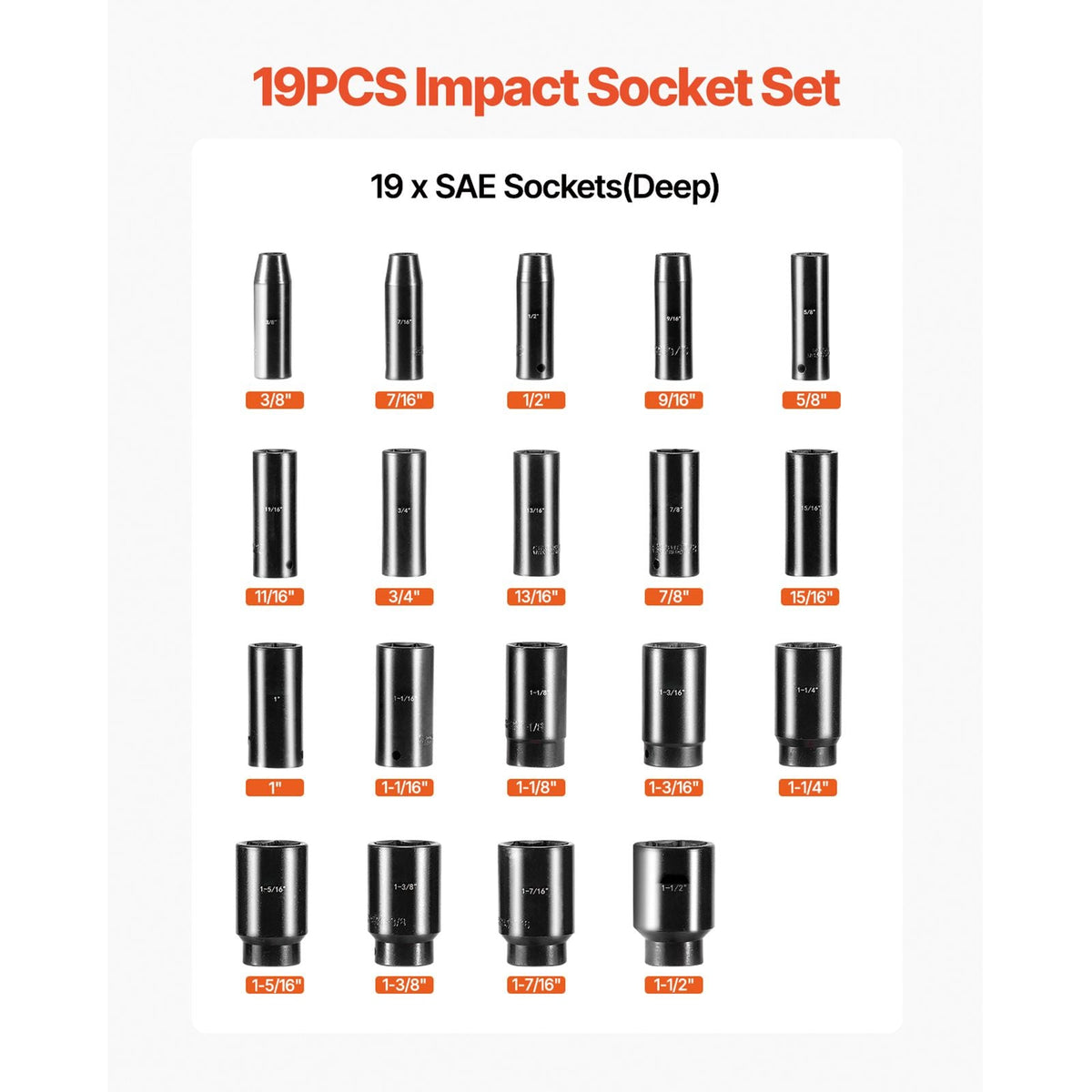 Impact Socket Set, 1/2" 19 Piece Impact Sockets, Deep Socket, 6-Point Sockets, 1/2 Inches Drive Socket Set Impact 3/8 inch - 1-1/2 inch, Cr-V Rugged Construction, with a Storage Cage