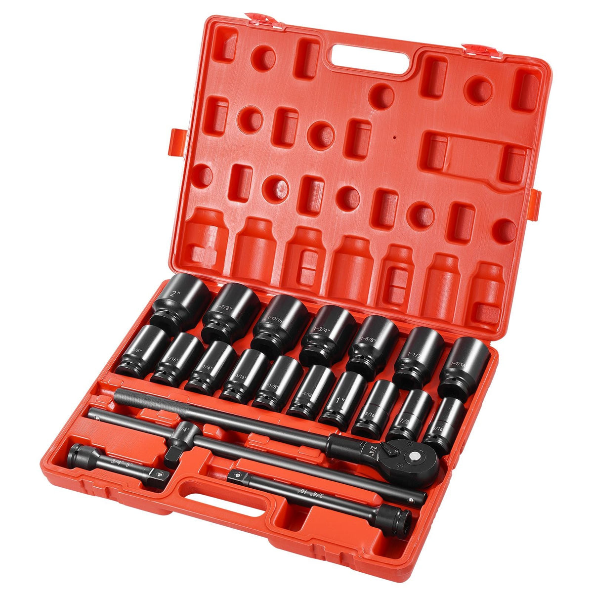 Impact Socket Set 3/4 Inches 22 Piece Deep Impact Sockets, Socket Assortment 3/4 Inches Drive Socket Set Impact Standard SAE Sizes 7/8 Inches to 2 Inches Includes Adapters and Ratchet Handle