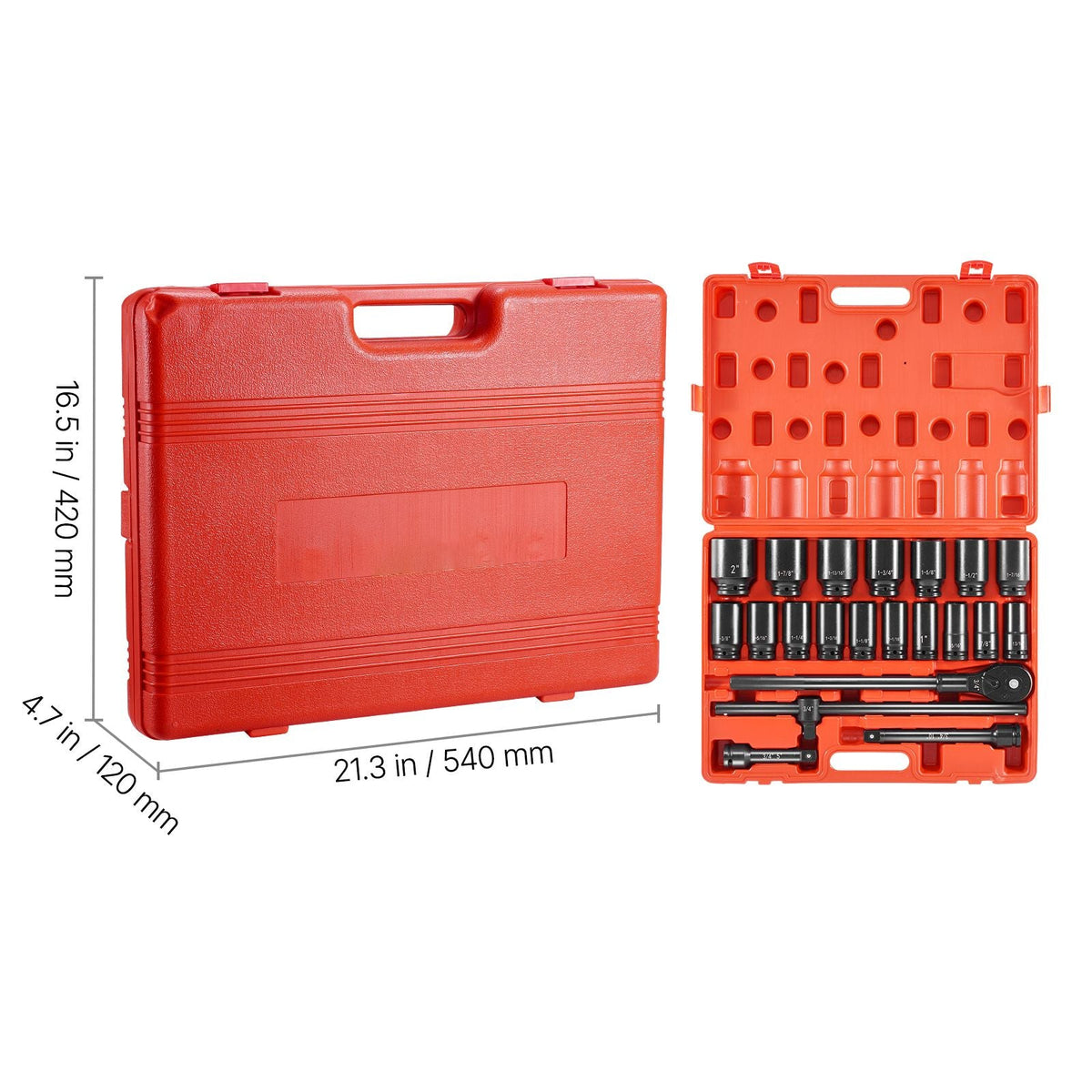 Impact Socket Set 3/4 Inches 22 Piece Deep Impact Sockets, Socket Assortment 3/4 Inches Drive Socket Set Impact Standard SAE Sizes 7/8 Inches to 2 Inches Includes Adapters and Ratchet Handle