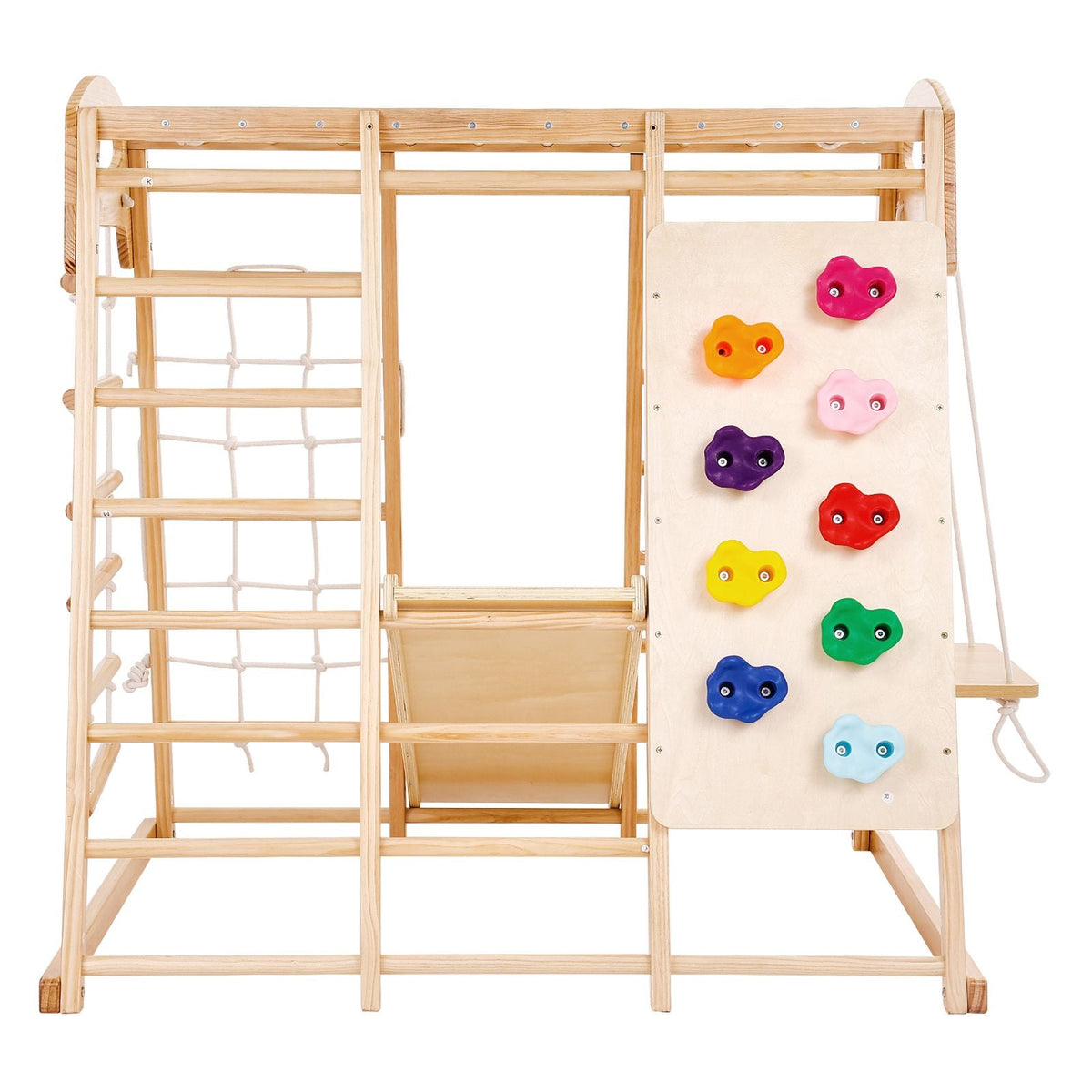 Indoor Jungle Gym, 7-in-1 Toddler Indoor Playground, Wooden Toddler Climbing Toys Indoor with Wood & Rope Ladder, Net Ladder, Swing, Monkey Bar, Slide, Climbing Wall, 47.2 x 58 x 56in