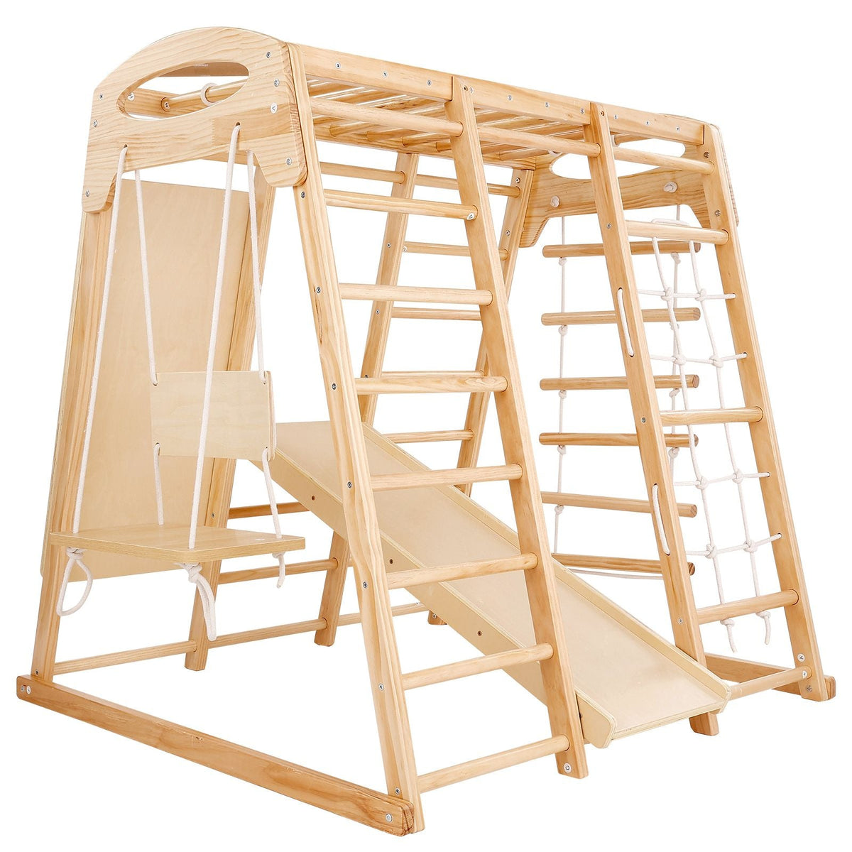 Indoor Jungle Gym, 7-in-1 Toddler Indoor Playground, Wooden Toddler Climbing Toys Indoor with Wood & Rope Ladder, Net Ladder, Swing, Monkey Bar, Slide, Climbing Wall, 47.2 x 58 x 56in
