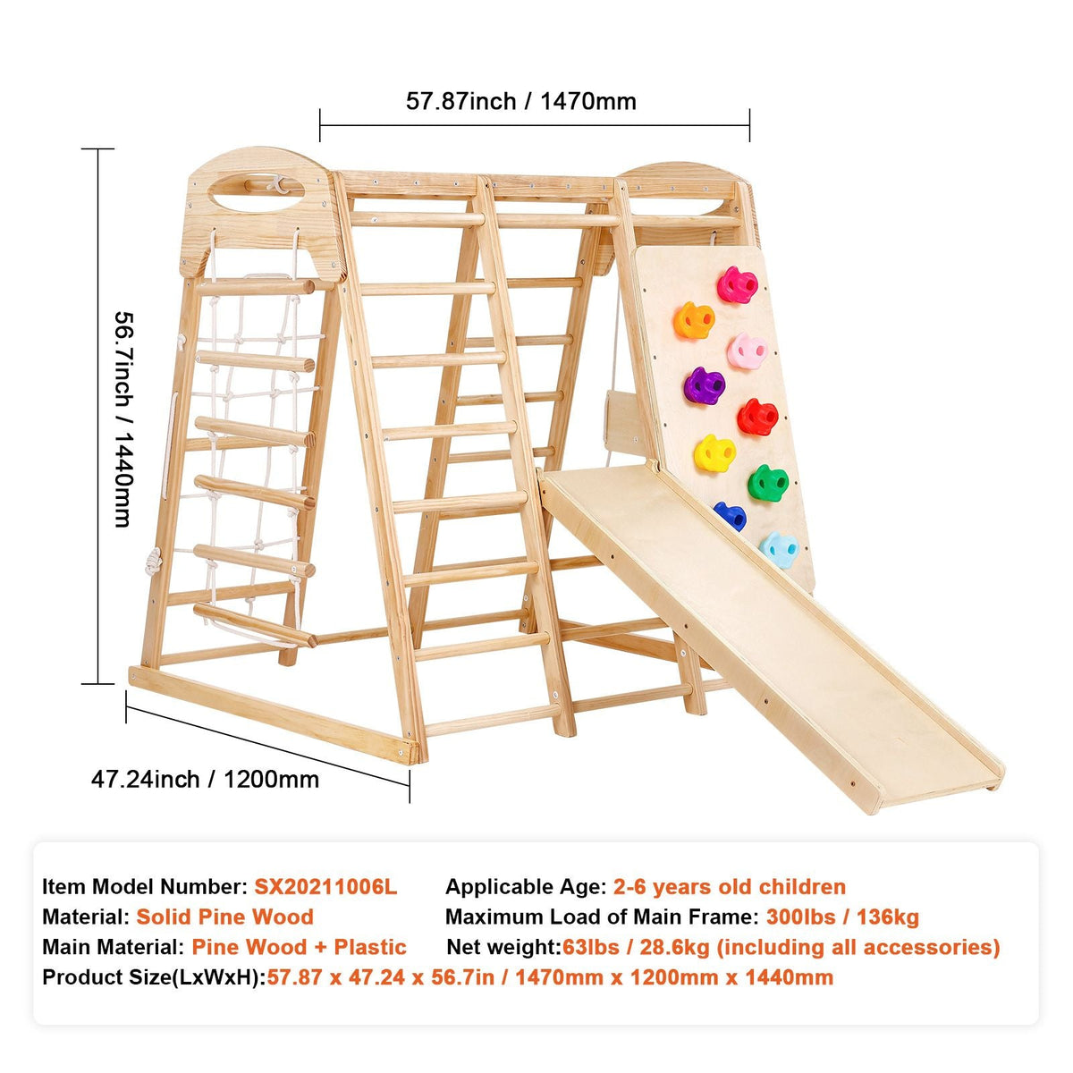 Indoor Jungle Gym, 7-in-1 Toddler Indoor Playground, Wooden Toddler Climbing Toys Indoor with Wood & Rope Ladder, Net Ladder, Swing, Monkey Bar, Slide, Climbing Wall, 47.2 x 58 x 56in