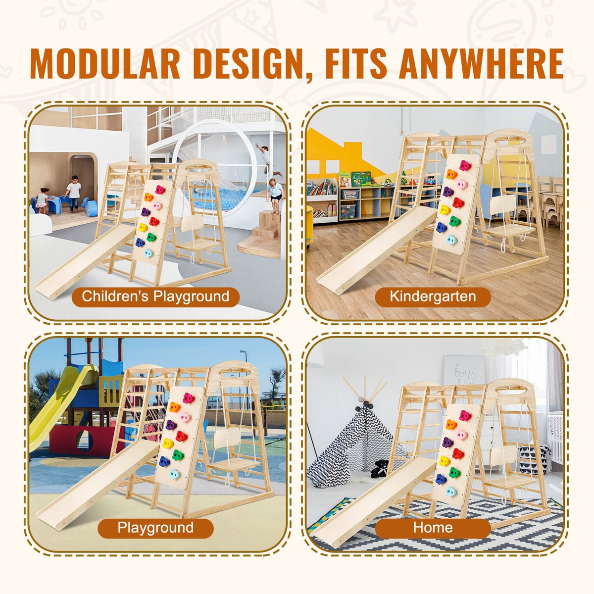 Indoor Jungle Gym, 7-in-1 Toddler Indoor Playground, Wooden Toddler Climbing Toys Indoor with Wood & Rope Ladder, Net Ladder, Swing, Monkey Bar, Slide, Climbing Wall, 47.2 x 58 x 56in