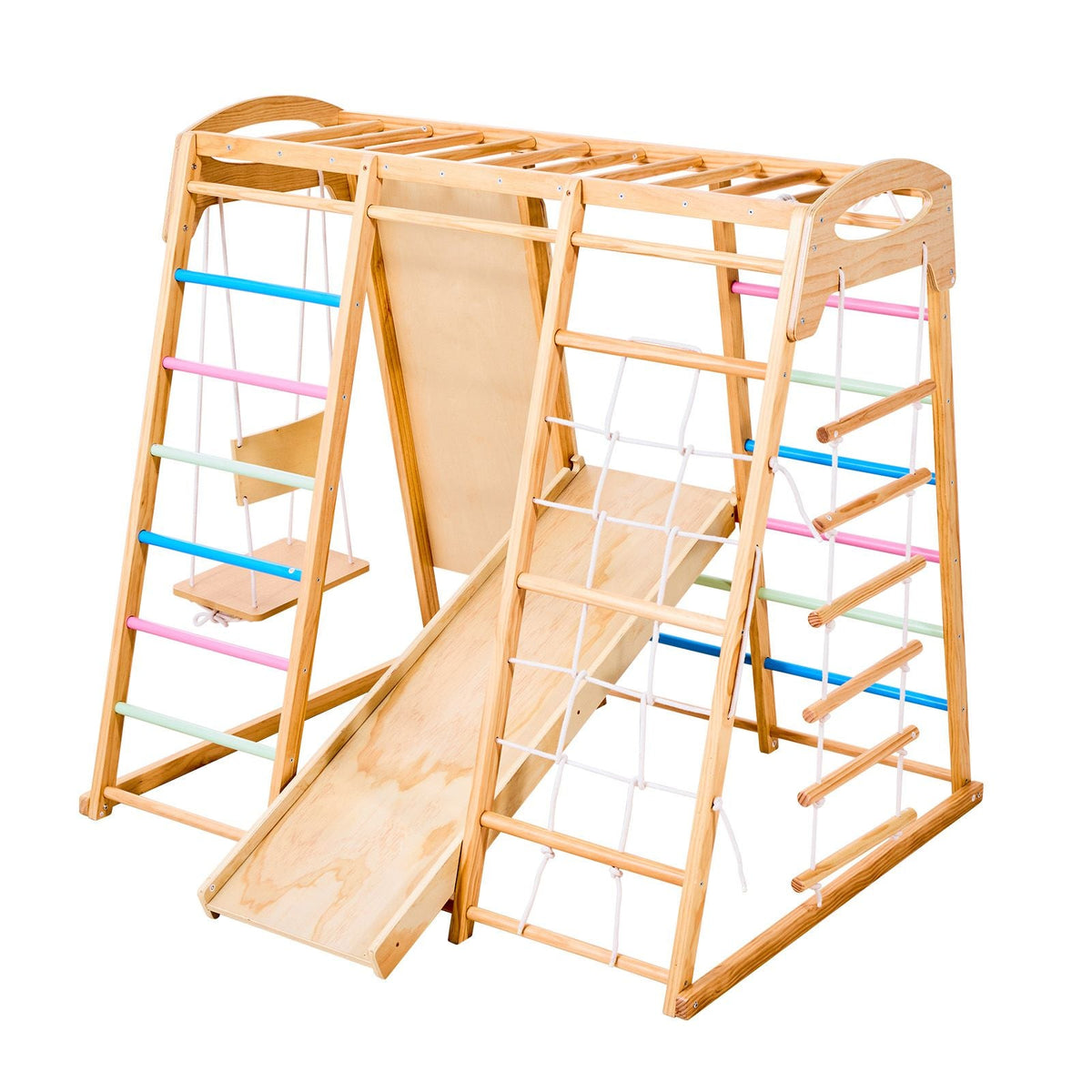 Indoor Playground Jungle Gym, 7-in-1 Wooden Indoor Playground for Kids, 250LBS Montessori Climbing Toys Playset with Swing, Monkey Bar, Slide, Wooden Ladder, Rope Ladder, Climbing Net & Rock