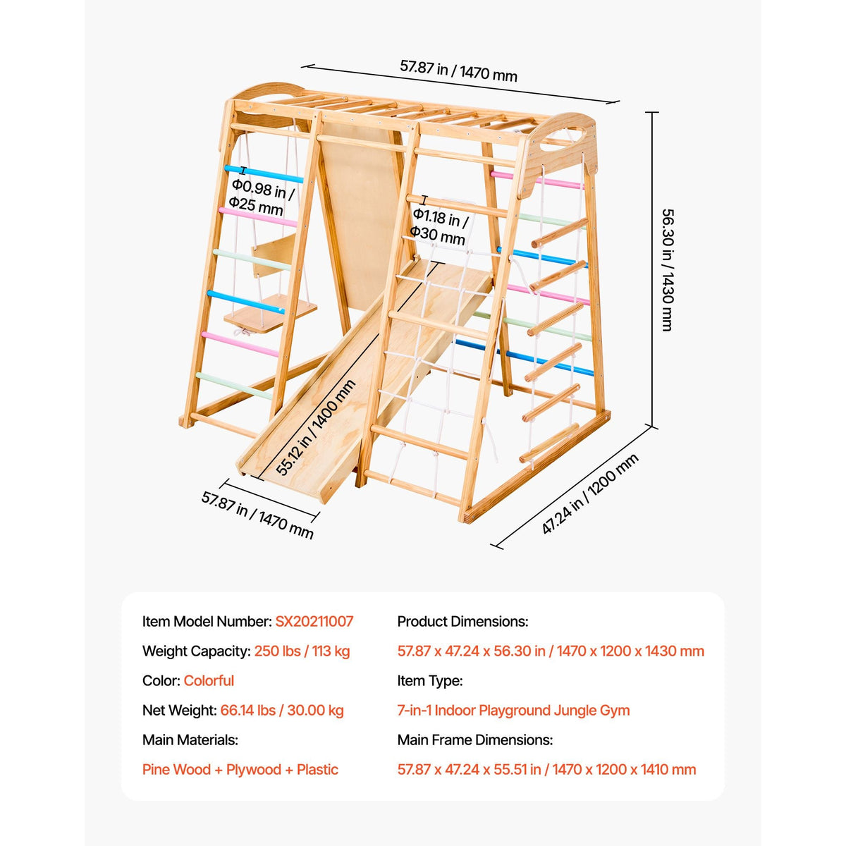 Indoor Playground Jungle Gym, 7-in-1 Wooden Indoor Playground for Kids, 250LBS Montessori Climbing Toys Playset with Swing, Monkey Bar, Slide, Wooden Ladder, Rope Ladder, Climbing Net & Rock