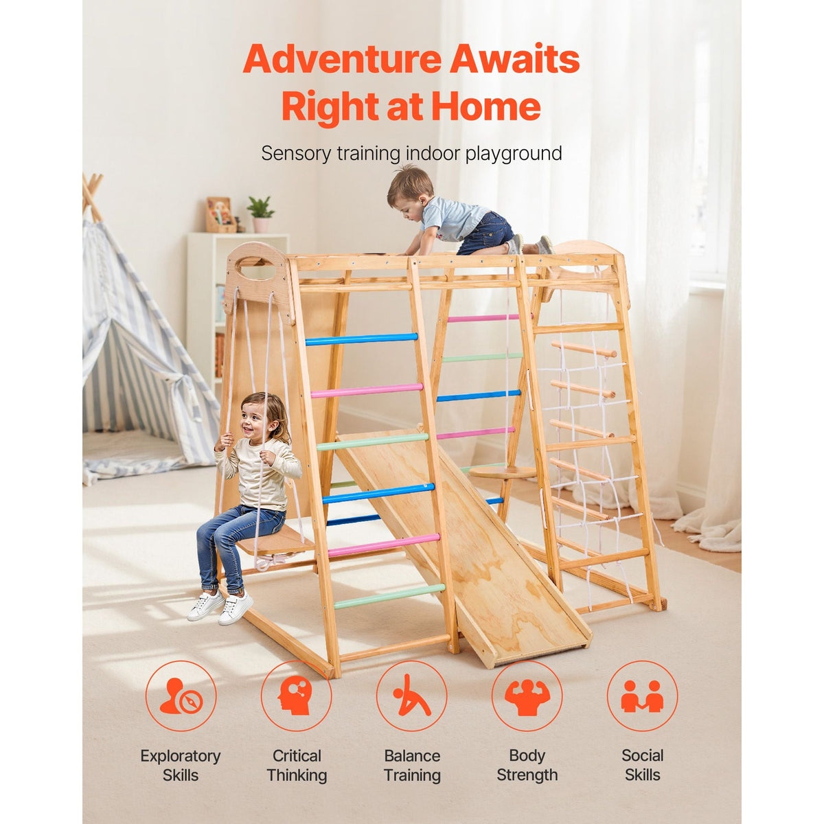 Indoor Playground Jungle Gym, 9-in-1 Montessori Climbing Toys for Toddlers, 250LBS Wooden Indoor Playground Playset with Monkey Bar, Swings, Slide, Rope / Wooden Ladder, Climbing Net, Bar & Rock