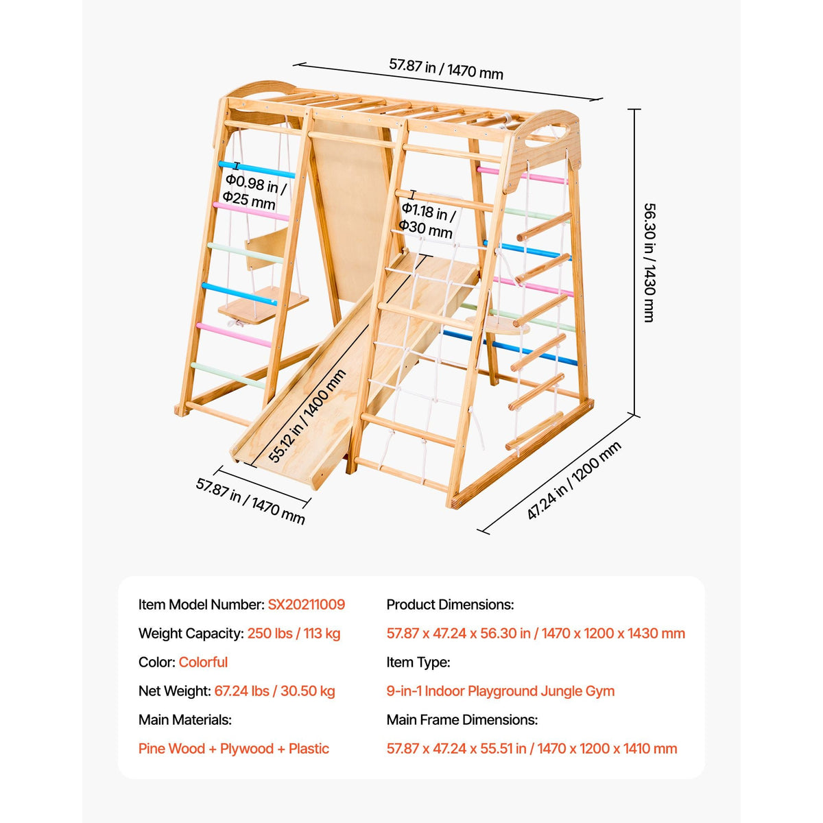 Indoor Playground Jungle Gym, 9-in-1 Montessori Climbing Toys for Toddlers, 250LBS Wooden Indoor Playground Playset with Monkey Bar, Swings, Slide, Rope / Wooden Ladder, Climbing Net, Bar & Rock