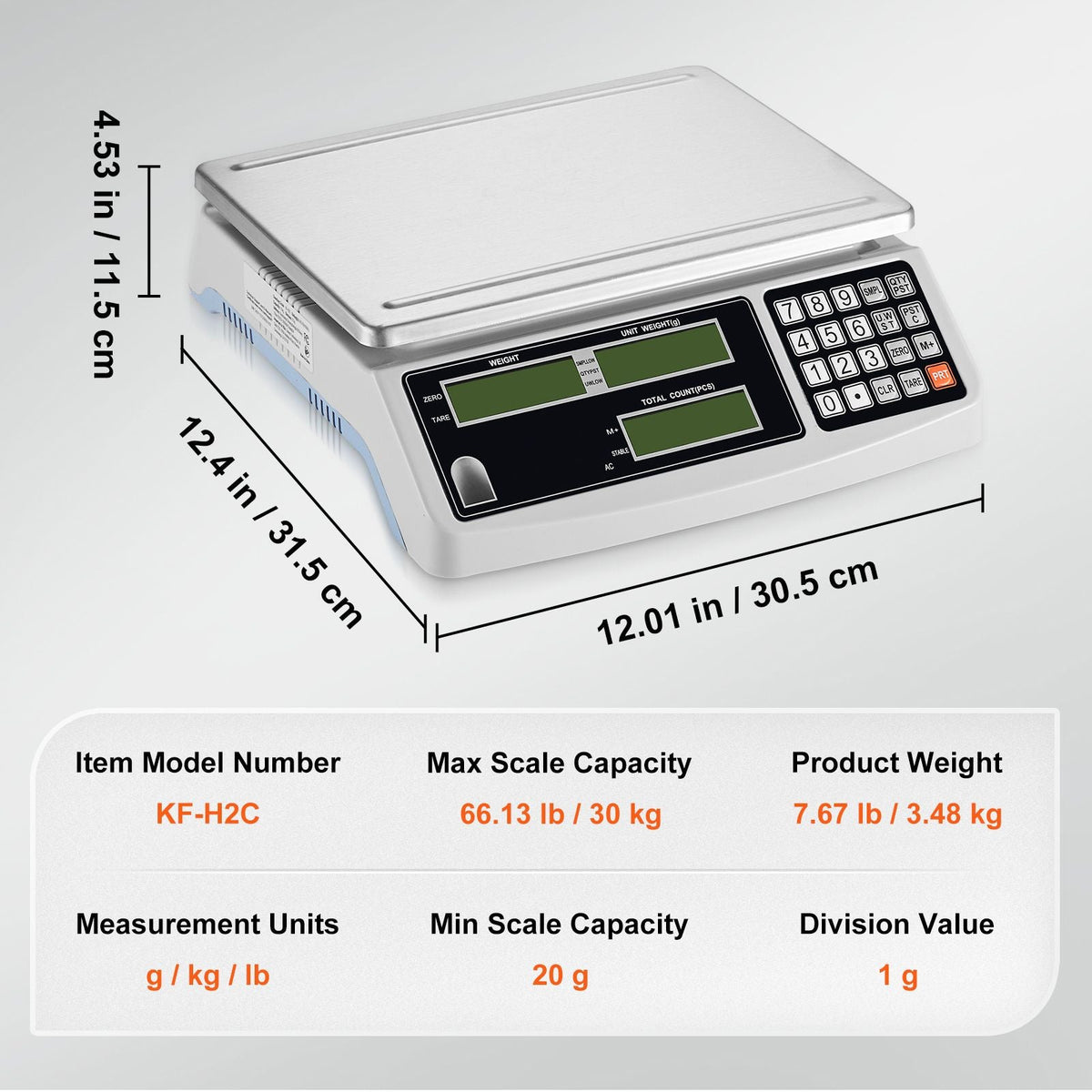 Industrial Counting Scale, 30 kg x 1 g, Digital Scale for Parts and Coins, g/kg/lb Units, Electronic Gram Scale Inventory Counting Scale Kitchen Jewelry Scale with RS232 Port and 3 LCD Screens