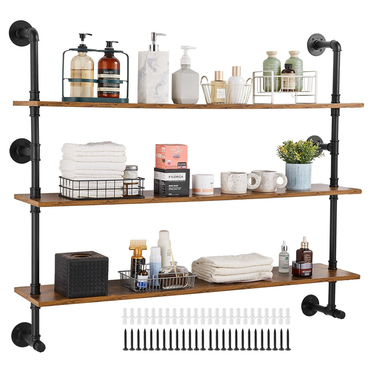 Industrial Pipe Shelf, 3 Tier 48x9.84in, Wall-Mount Floating Rustic Wood Shelves Bracket Display Bookshelf, Storage Rack Sundries Holder for Kitchen Bedroom Bathroom Living Room, Black