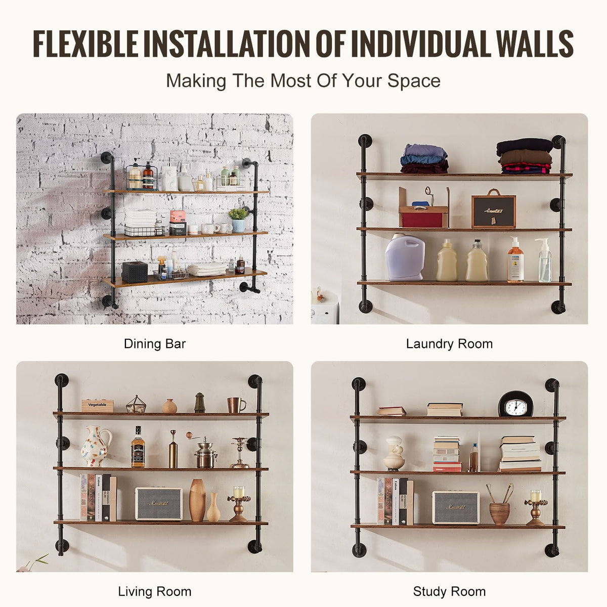 Industrial Pipe Shelf, 3 Tier 48x9.84in, Wall-Mount Floating Rustic Wood Shelves Bracket Display Bookshelf, Storage Rack Sundries Holder for Kitchen Bedroom Bathroom Living Room, Black
