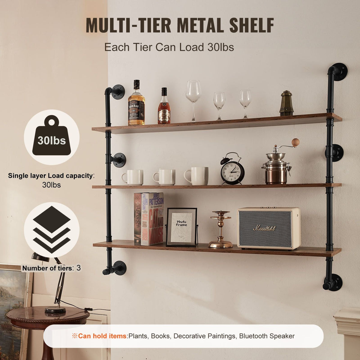 Industrial Pipe Shelf, 3 Tier 48x9.84in, Wall-Mount Floating Rustic Wood Shelves Bracket Display Bookshelf, Storage Rack Sundries Holder for Kitchen Bedroom Bathroom Living Room, Black