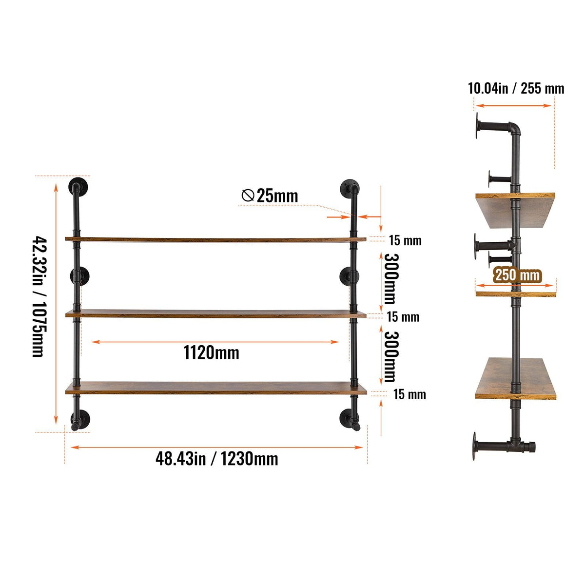 Industrial Pipe Shelf, 3 Tier 48x9.84in, Wall-Mount Floating Rustic Wood Shelves Bracket Display Bookshelf, Storage Rack Sundries Holder for Kitchen Bedroom Bathroom Living Room, Black