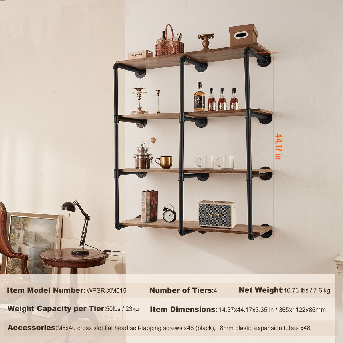 Industrial Pipe Shelf, 4 Tier 3PCS, 11.8in Applicable Board Width Wall-Mount Floating Rustic Wood Shelves Bracket Bookshelf,Storage Holder for Kitchen Bedroom Bathroom, (Planks NOT Included)