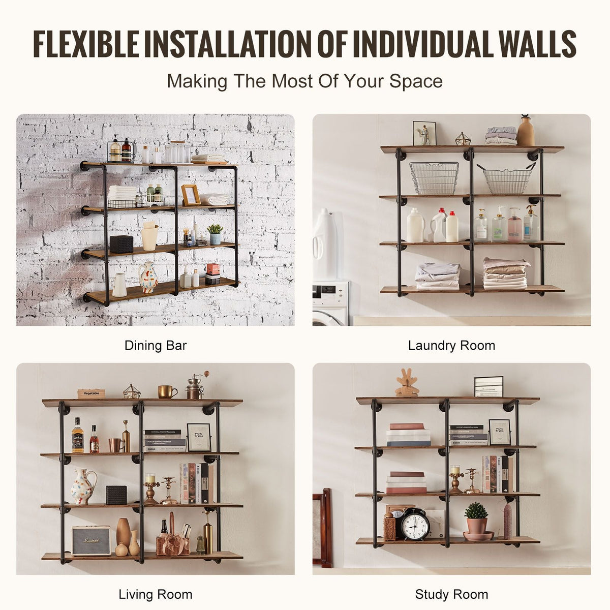 Industrial Pipe Shelf, 4 Tier 3PCS, 11.8in Applicable Board Width Wall-Mount Floating Rustic Wood Shelves Bracket Bookshelf,Storage Holder for Kitchen Bedroom Bathroom, (Planks NOT Included)