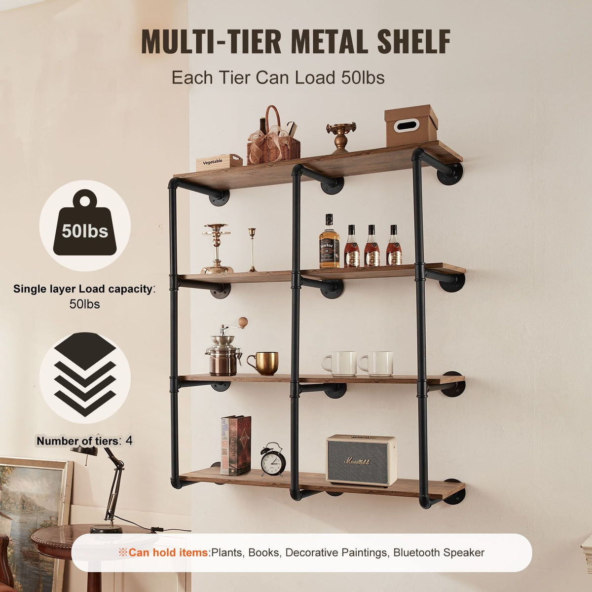 Industrial Pipe Shelf, 4 Tier 3PCS, 11.8in Applicable Board Width Wall-Mount Floating Rustic Wood Shelves Bracket Bookshelf,Storage Holder for Kitchen Bedroom Bathroom, (Planks NOT Included)