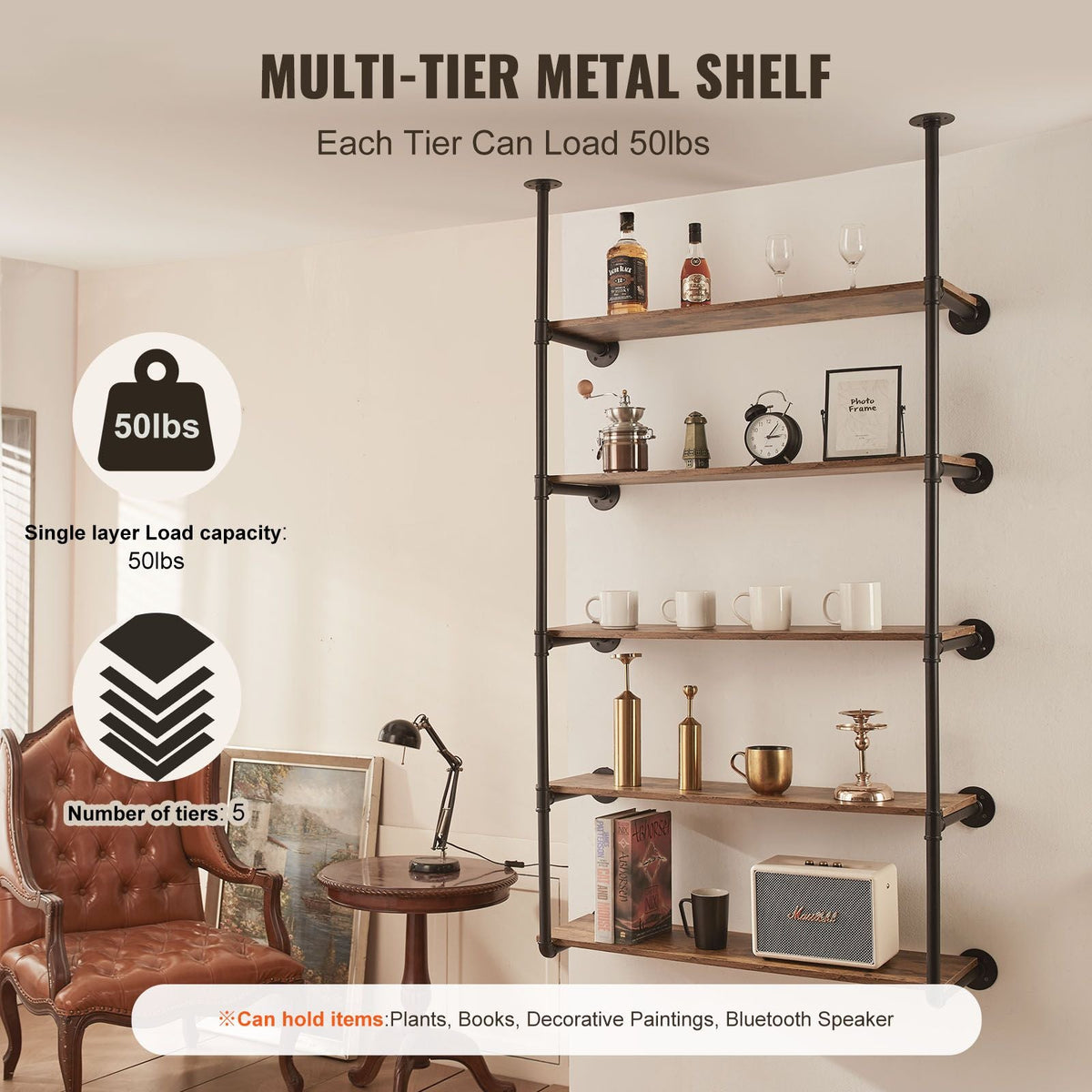 Industrial Pipe Shelf, 5 Tier 2PCS, 11.8in Applicable Board Width Wall-Mount Floating Rustic Wood Shelves Bracket Bookshelf,Storage Holder for Kitchen Bedroom Bathroom, (Planks NOT Included)