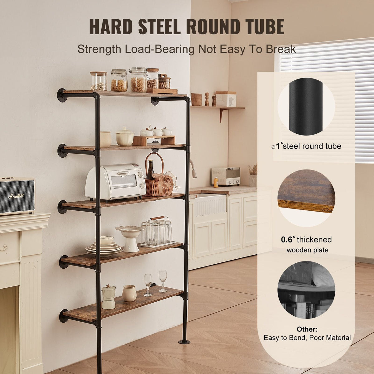 Industrial Pipe Shelf, 5 Tier 2PCS, 11.8in Applicable Board Width Wall-Mount Floating Rustic Wood Shelves Bracket Bookshelf,Storage Holder for Kitchen Bedroom Bathroom, (Planks NOT Included)