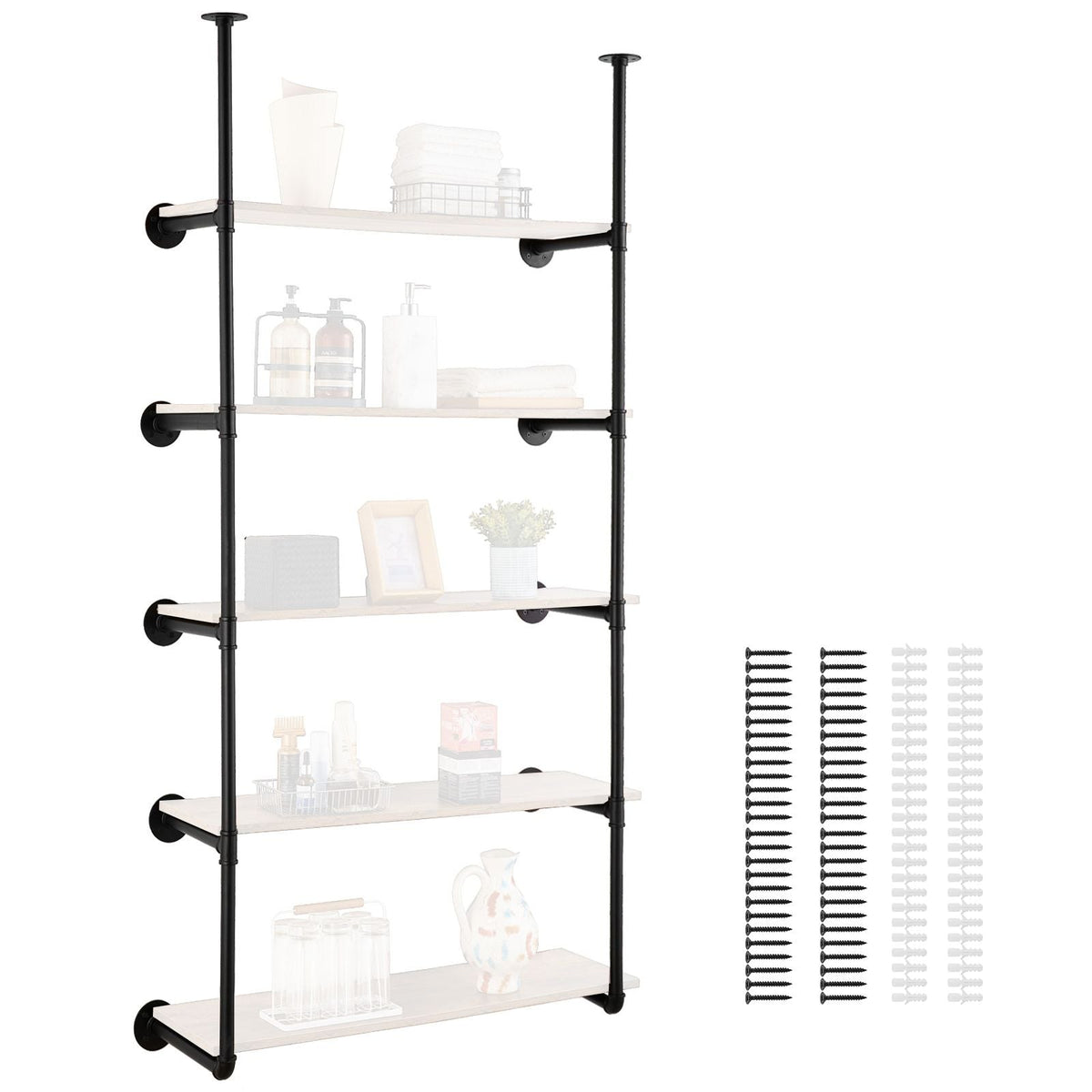 Industrial Pipe Shelf, 5 Tier 2PCS, 11.8in Applicable Board Width Wall-Mount Floating Rustic Wood Shelves Bracket Bookshelf,Storage Holder for Kitchen Bedroom Bathroom, (Planks NOT Included)