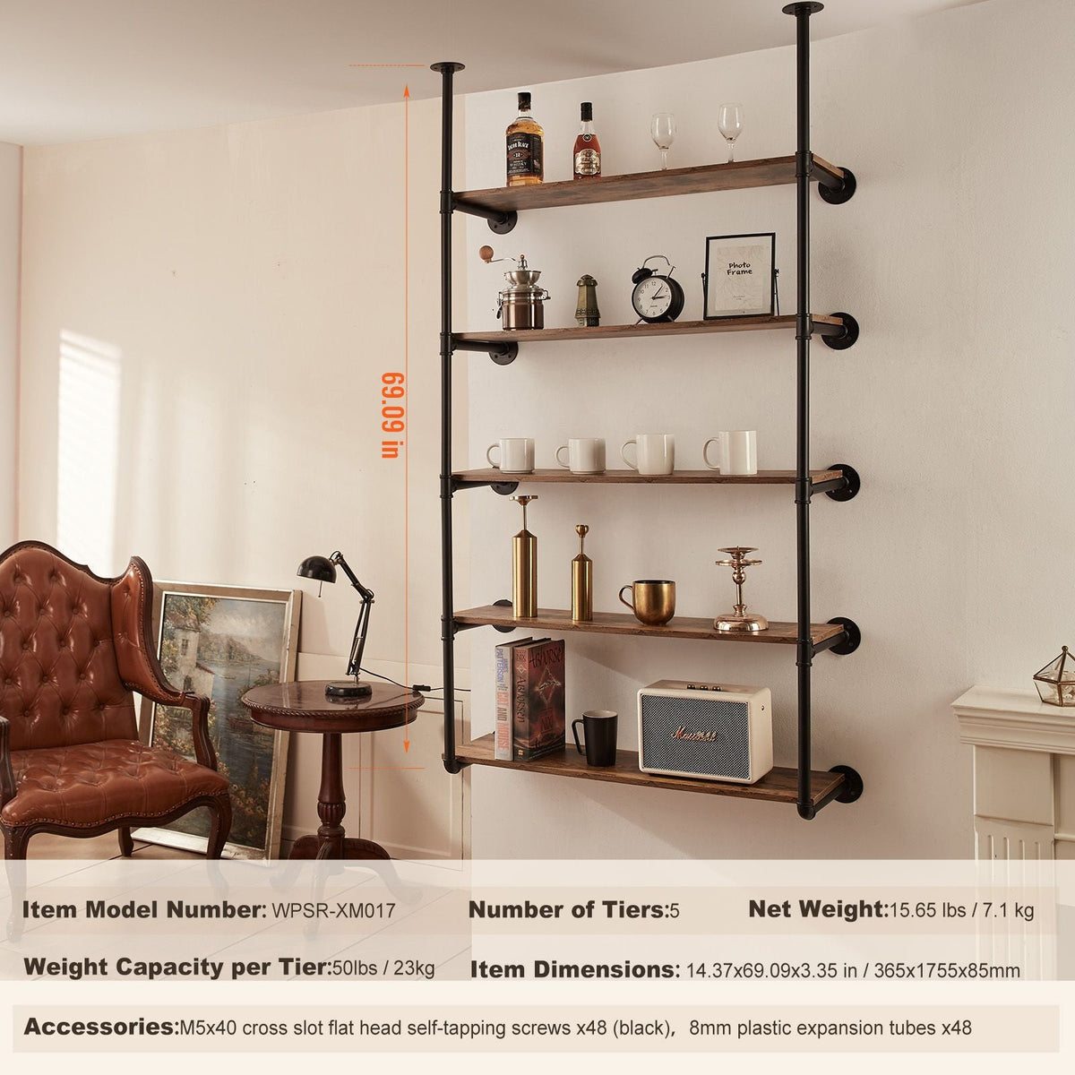 Industrial Pipe Shelf, 5 Tier 2PCS, 11.8in Applicable Board Width Wall-Mount Floating Rustic Wood Shelves Bracket Bookshelf,Storage Holder for Kitchen Bedroom Bathroom, (Planks NOT Included)