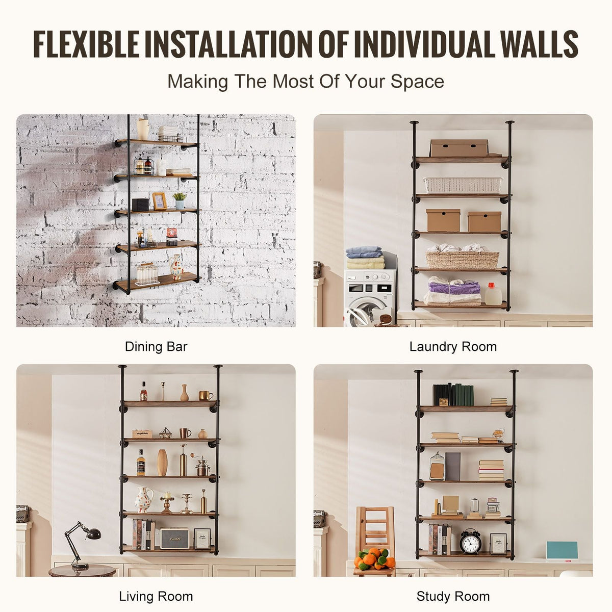 Industrial Pipe Shelf, 5 Tier 2PCS, 11.8in Applicable Board Width Wall-Mount Floating Rustic Wood Shelves Bracket Bookshelf,Storage Holder for Kitchen Bedroom Bathroom, (Planks NOT Included)