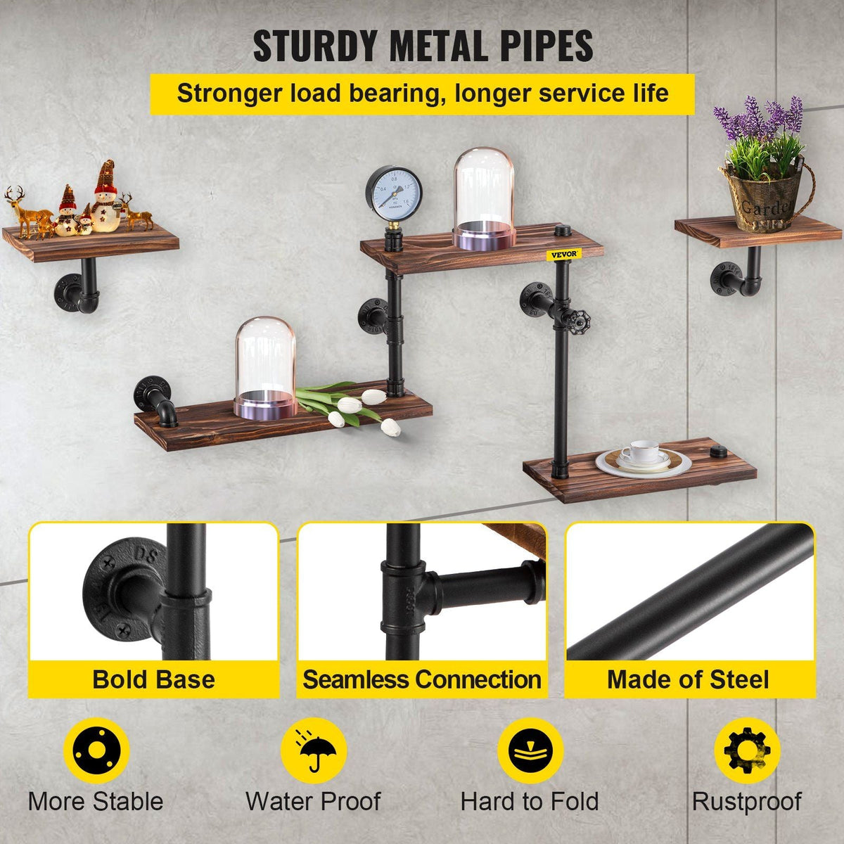Industrial Pipe Shelving, Pipe Shelves with 5-Tier Wood Planks, Rustic Floating Shelves Wall Mounted, Wall Shelf DIY Bookshelf for Bar Kitchen Bathroom Farmhouse Living Room, 47x28x9 inch