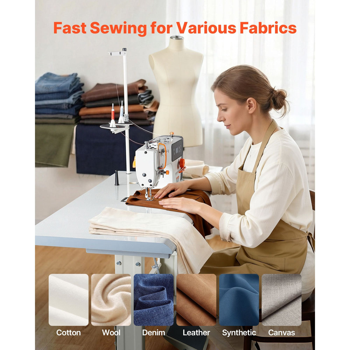 Industrial Sewing Machine, 550W Lockstitch Sewing Machine Set with Servo Motor and Table Stand, Auto Thread Trimmer, 5000 SPM High Speed, Metal Frame, LCD Panel, LED Light, for Cotton, Denim