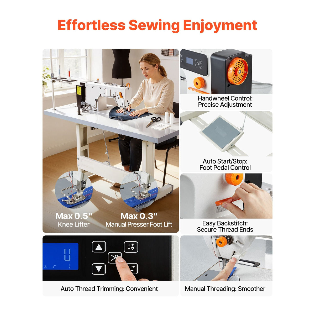 Industrial Sewing Machine, 550W Lockstitch Sewing Machine Set with Servo Motor and Table Stand, Auto Thread Trimmer, 5000 SPM High Speed, Metal Frame, LCD Panel, LED Light, for Cotton, Denim