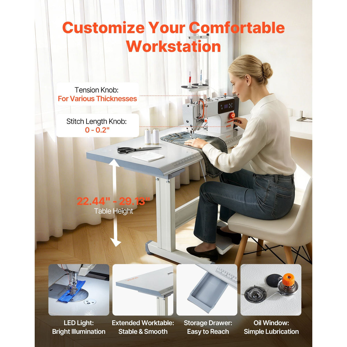Industrial Sewing Machine, 550W Lockstitch Sewing Machine Set with Servo Motor and Table Stand, Auto Thread Trimmer, 5000 SPM High Speed, Metal Frame, LCD Panel, LED Light, for Cotton, Denim