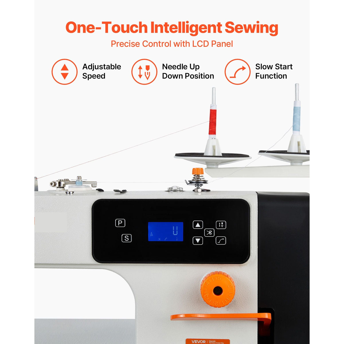 Industrial Sewing Machine, 550W Lockstitch Sewing Machine Set with Servo Motor and Table Stand, Auto Thread Trimmer, 5000 SPM High Speed, Metal Frame, LCD Panel, LED Light, for Cotton, Denim