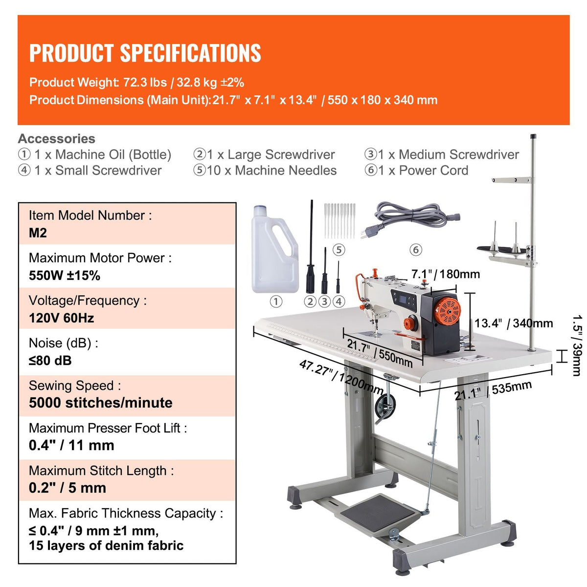 Industrial Sewing Machine, Upgraded 550W Servo Motor with Table Stand, 5000s.p.m Heavy Duty Lockstitch Sewing Machine, High Speed, Clear Control Panel and Electro-mechanization Start-stop