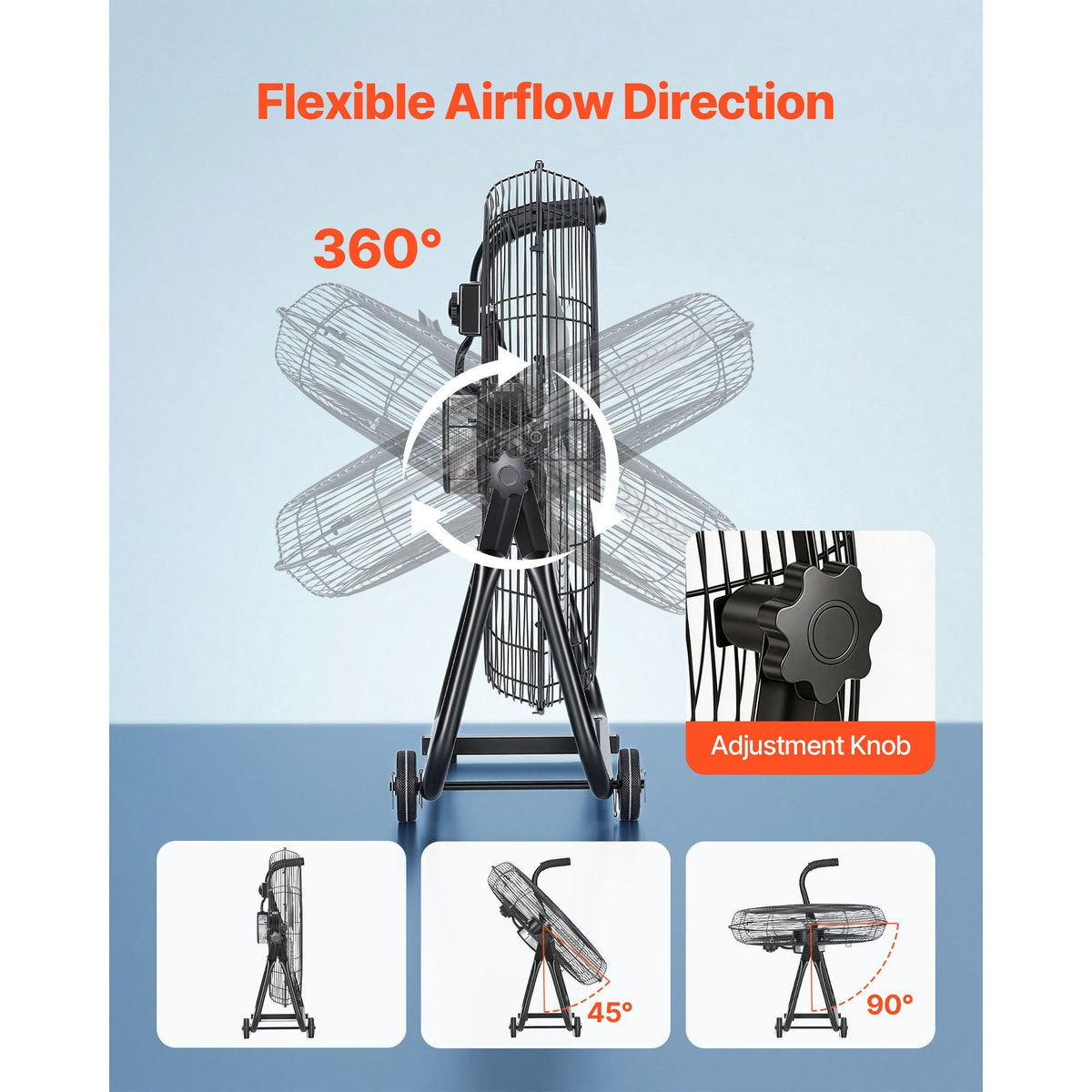 Industrial Shop Fan, 24 Inch Floor Drum Fan, High Velocity 7500 CFM, Heavy Duty Aluminum Blades, 3 Speeds, 360 Degree Tilt, Ideal for Commercial, Garage, Warehouse, Basement, Workshop, Black