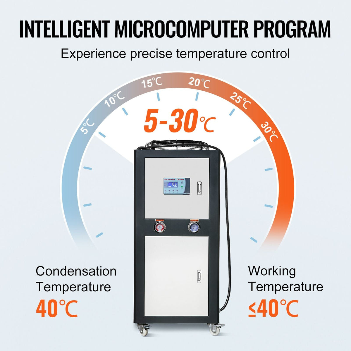 Industrial Water Chiller, 6HP 16 Gal Air-Cooled Industrial Water Chiller, 15,100 Kcal/h Cooling Capacity with Finned Condenser Micro-Computer Control 60L Water Tank, for Cooling Water