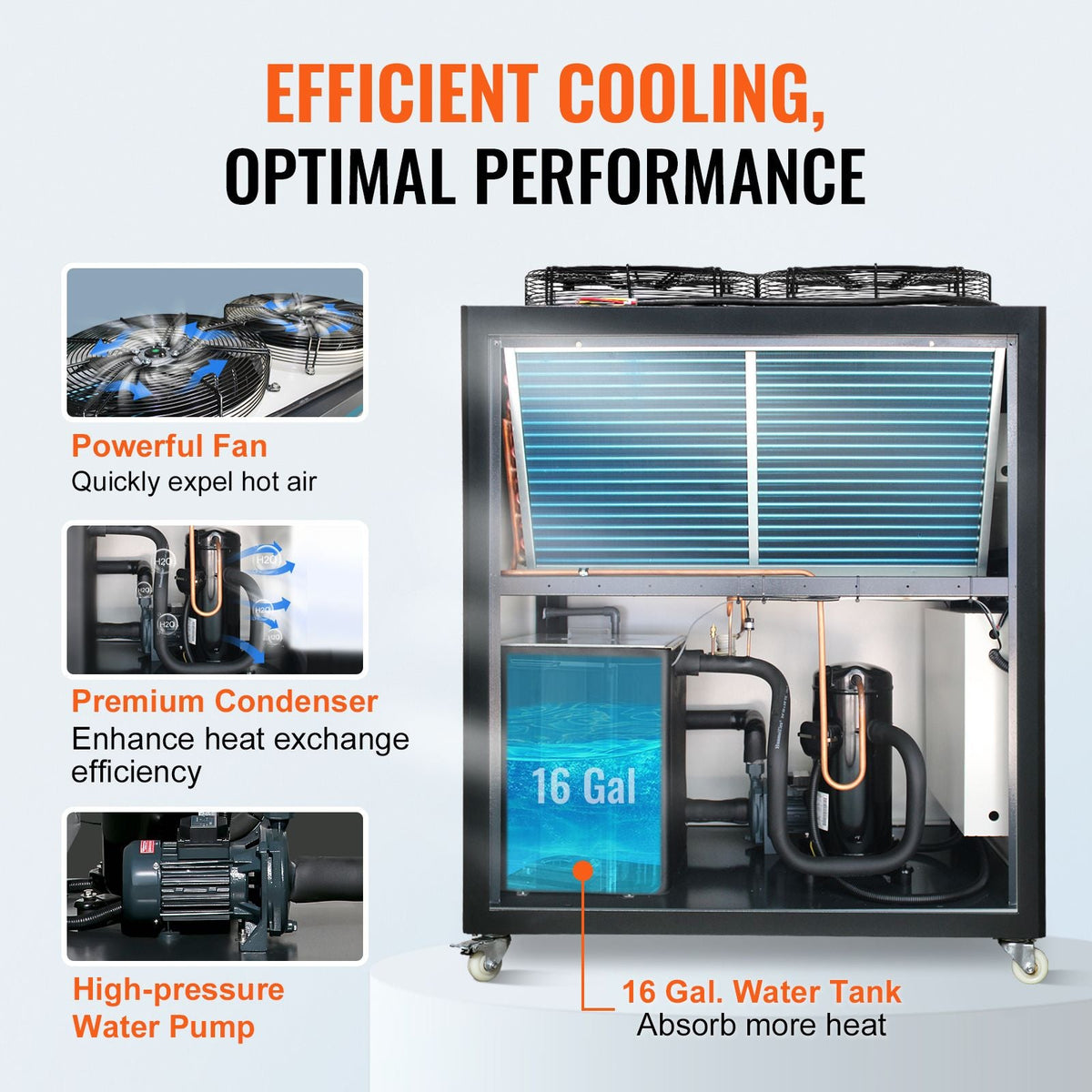 Industrial Water Chiller, 6HP 16 Gal Air-Cooled Industrial Water Chiller, 15,100 Kcal/h Cooling Capacity with Finned Condenser Micro-Computer Control 60L Water Tank, for Cooling Water