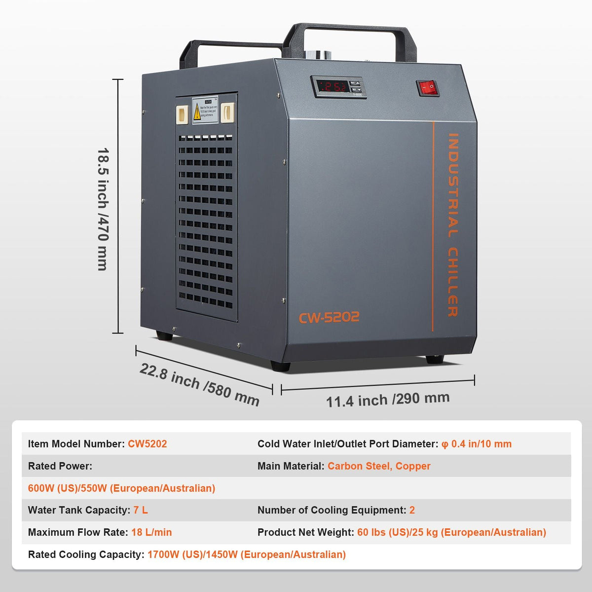 Industrial Water Chiller, CW-5202, Industrial Water Cooler Cooling System with Built-in Compressor 7L Water Tank Capacity 18 L/min Max Flow Rate, for CO2 Laser Engraving Machine Cooling Machine