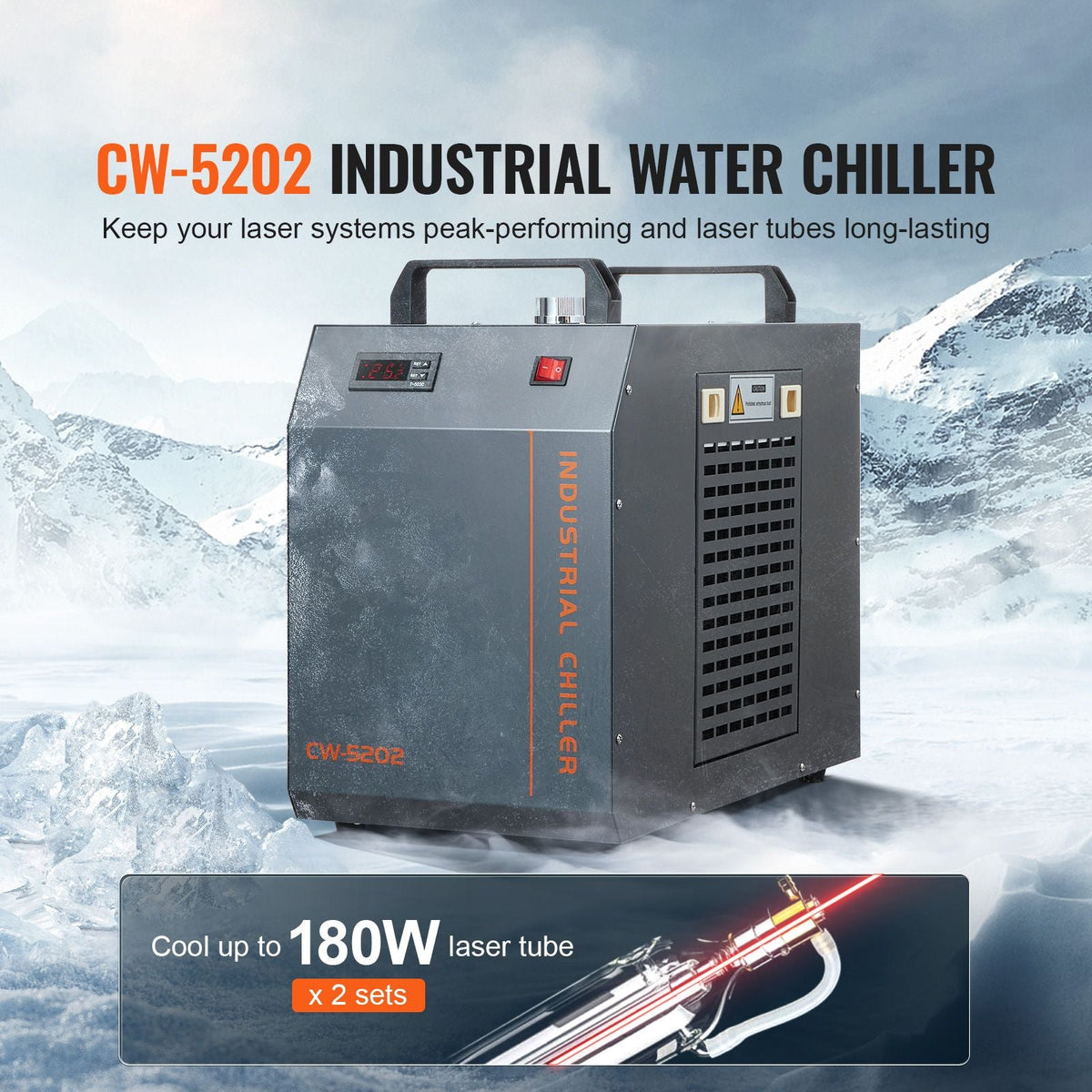 Industrial Water Chiller, CW-5202, Industrial Water Cooler Cooling System with Built-in Compressor 7L Water Tank Capacity 18 L/min Max Flow Rate, for CO2 Laser Engraving Machine Cooling Machine