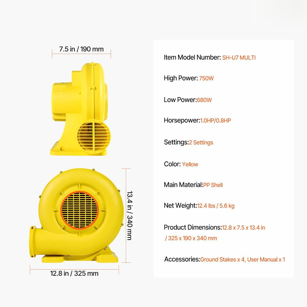 Inflatable Blower, 680&750W, 1.0HP Bounce House Blower, Pump Commercial Air Blower for Inflatables, 3400RPM Bouncy Castle Electric Air Blower Fan Perfect for Bounce House, Waterslides, Yellow