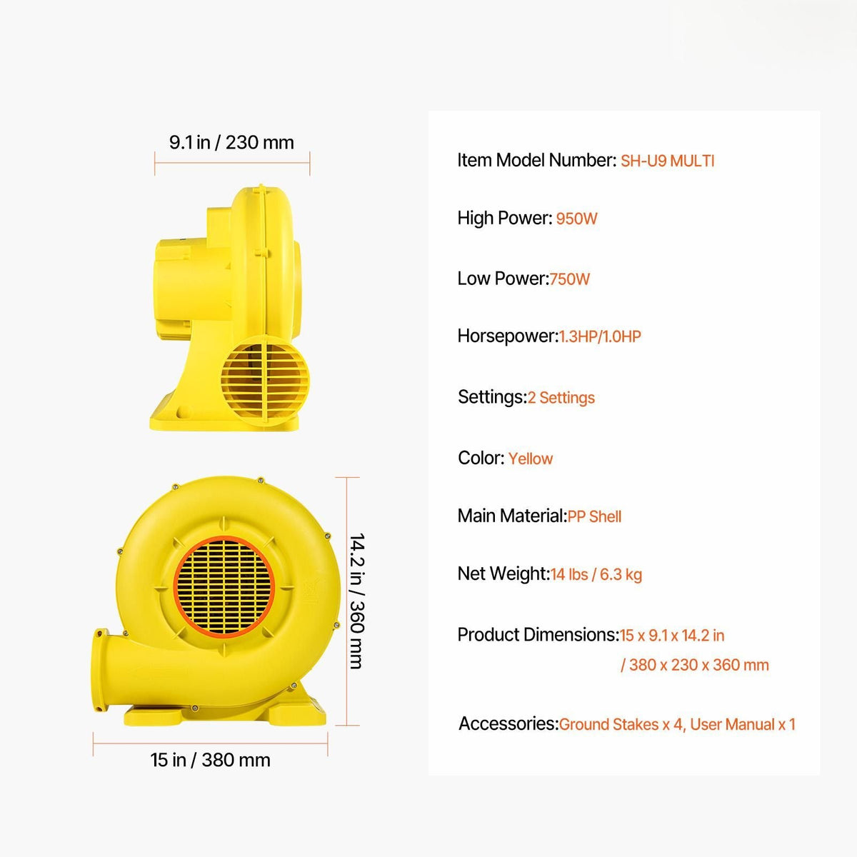Inflatable Blower, 750W&950W, 1.3 HP Bounce House Blower, Pump Commercial Air Blower for Inflatables, 3300RPM Bouncy Castle Electric Air Blower Fan Perfect for Bounce House, Waterslides, Yellow
