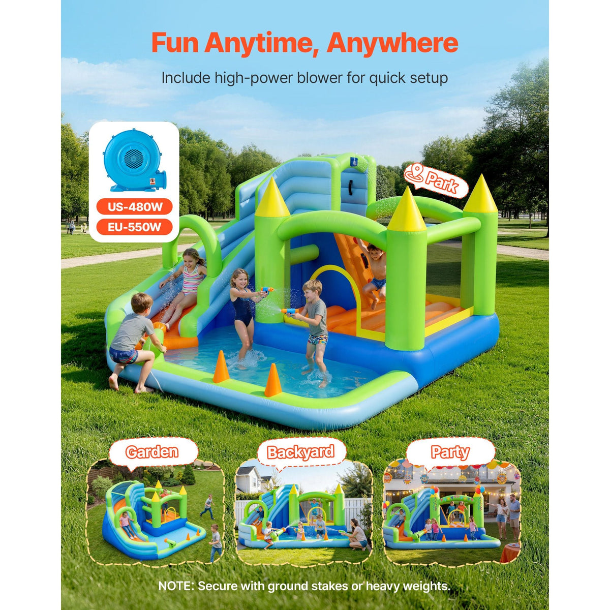 Inflatable Bounce House, 11.3 x 12.3 x 7.0 ft Inflatable Bounce House Water Slide, Bouncer Castle with Castle Bounces, Basketball Hoop, Splash Pool & Water Ring Toss, for 3 to 4 Kids Ages 3 to 8