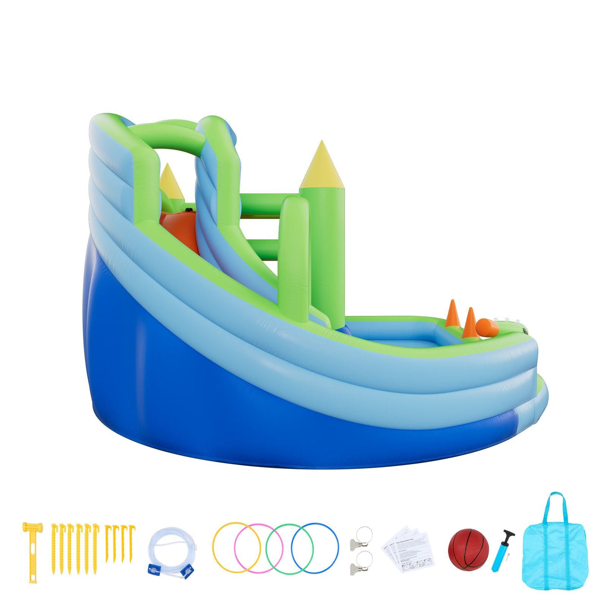Inflatable Bounce House, 11.3 x 12.3 x 7.0 ft Inflatable Bounce House Water Slide, Bouncer Castle with Castle Bounces, Basketball Hoop, Splash Pool & Water Ring Toss, for 3 to 4 Kids Ages 3 to 8