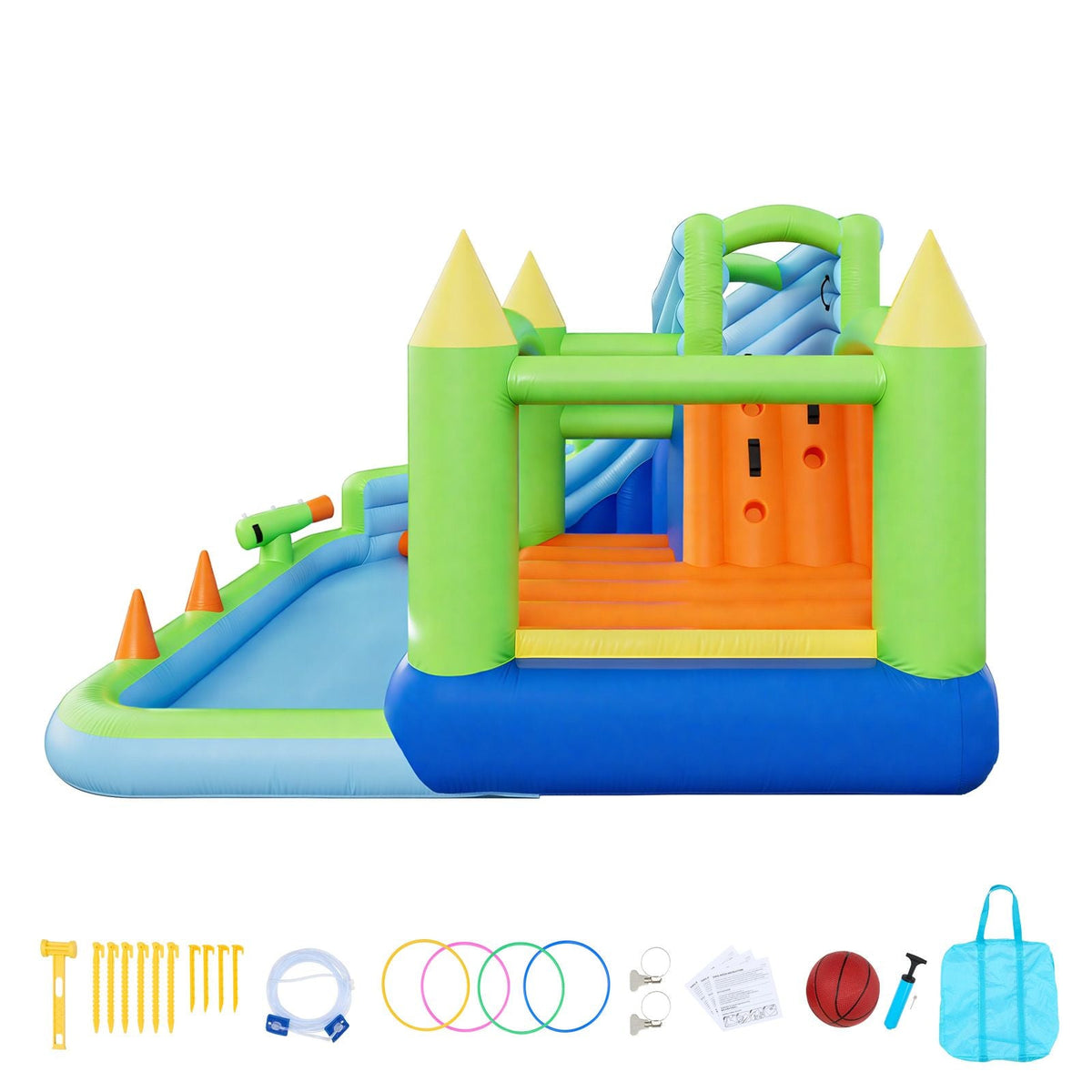Inflatable Bounce House, 11.3 x 12.3 x 7.0 ft Inflatable Bounce House Water Slide, Bouncer Castle with Castle Bounces, Basketball Hoop, Splash Pool & Water Ring Toss, for 3 to 4 Kids Ages 3 to 8