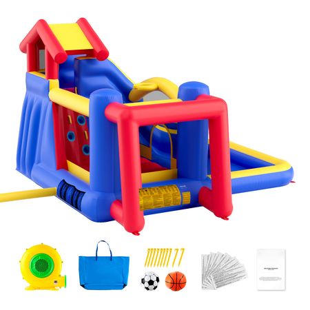 Inflatable Bounce House, Outdoor High Quality Playhouse Trampoline, Jumping Bouncer with Blower, Slide, and Storage Bag, Family Backyard Bouncy Castle, for Kid Ages 3–8 Years, 131x133x91 inch