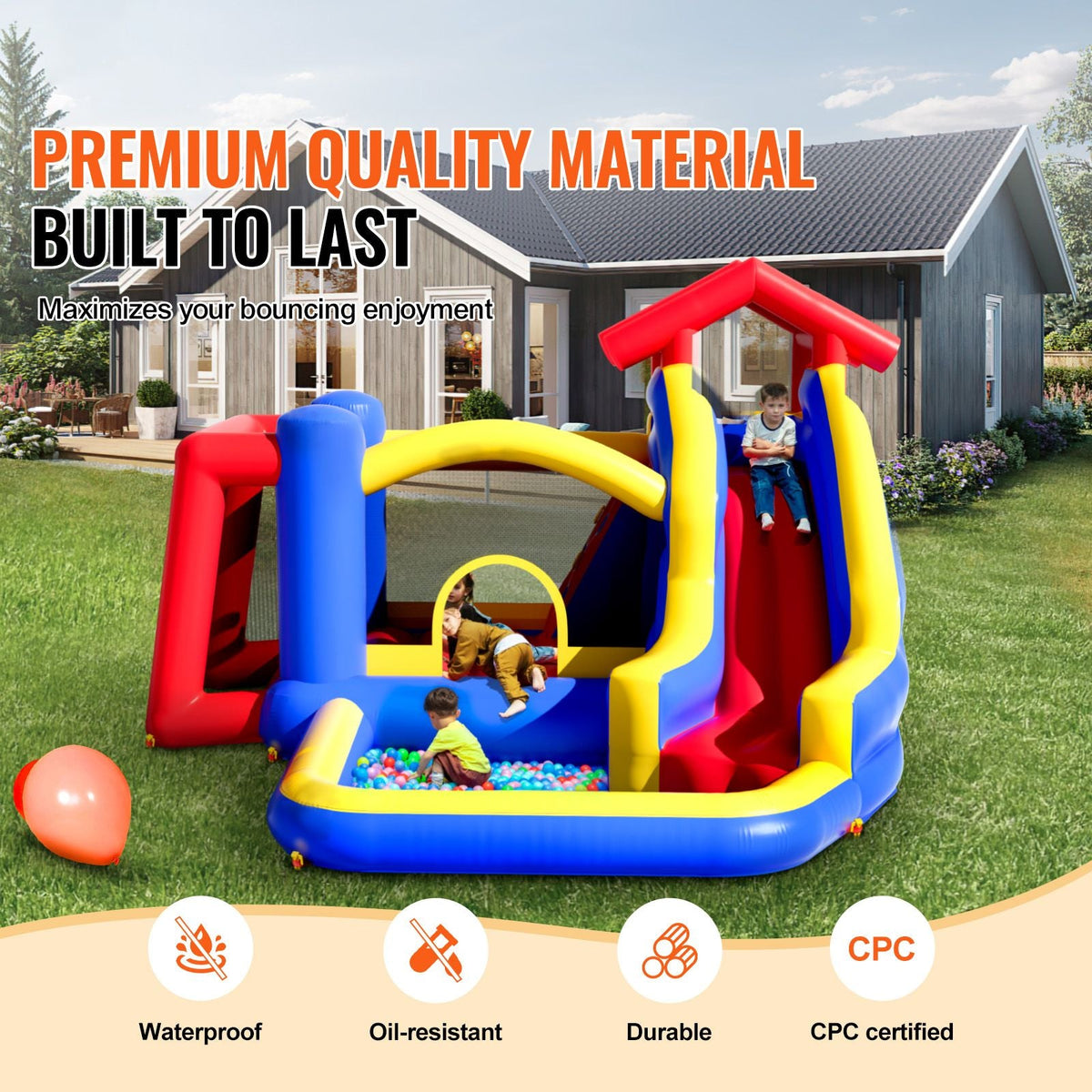 Inflatable Bounce House, Outdoor High Quality Playhouse Trampoline, Jumping Bouncer with Blower, Slide, and Storage Bag, Family Backyard Bouncy Castle, for Kid Ages 3–8 Years, 131x133x91 inch