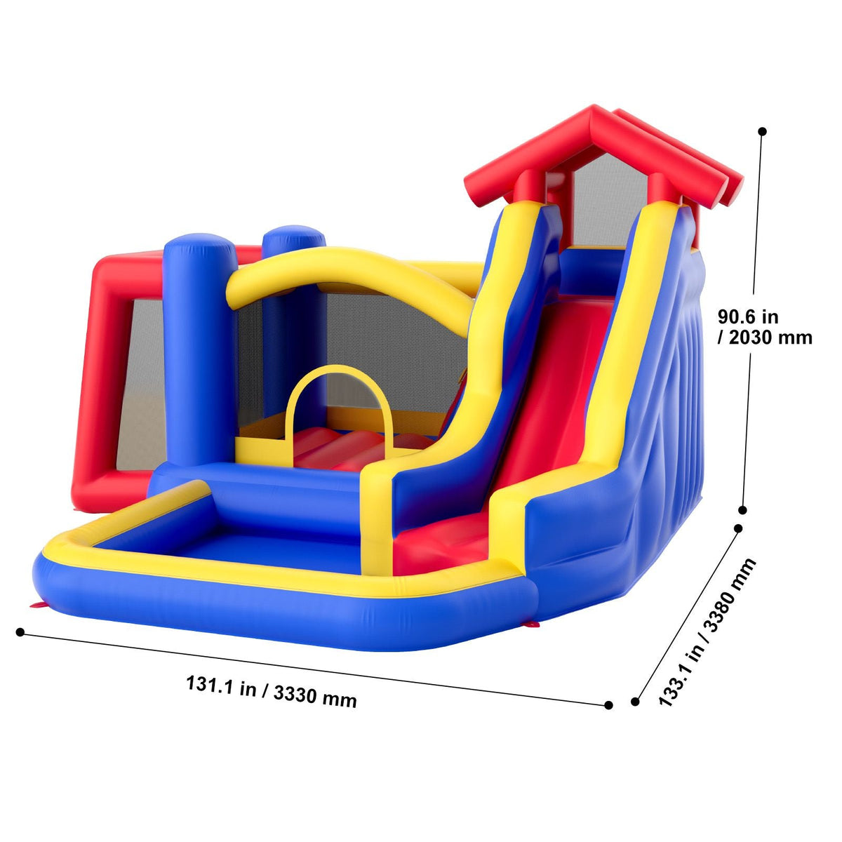 Inflatable Bounce House, Outdoor High Quality Playhouse Trampoline, Jumping Bouncer with Blower, Slide, and Storage Bag, Family Backyard Bouncy Castle, for Kid Ages 3–8 Years, 131x133x91 inch