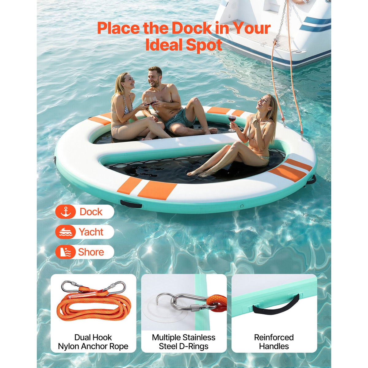 Inflatable Floating Dock, 10x8 FT Round Inflatable Dock Platform, Non-Slip Water Air Mat with Portable Carrying Bag & Detachable Ladder, Floating Water Platform Island Raft for Pool Beach Ocean