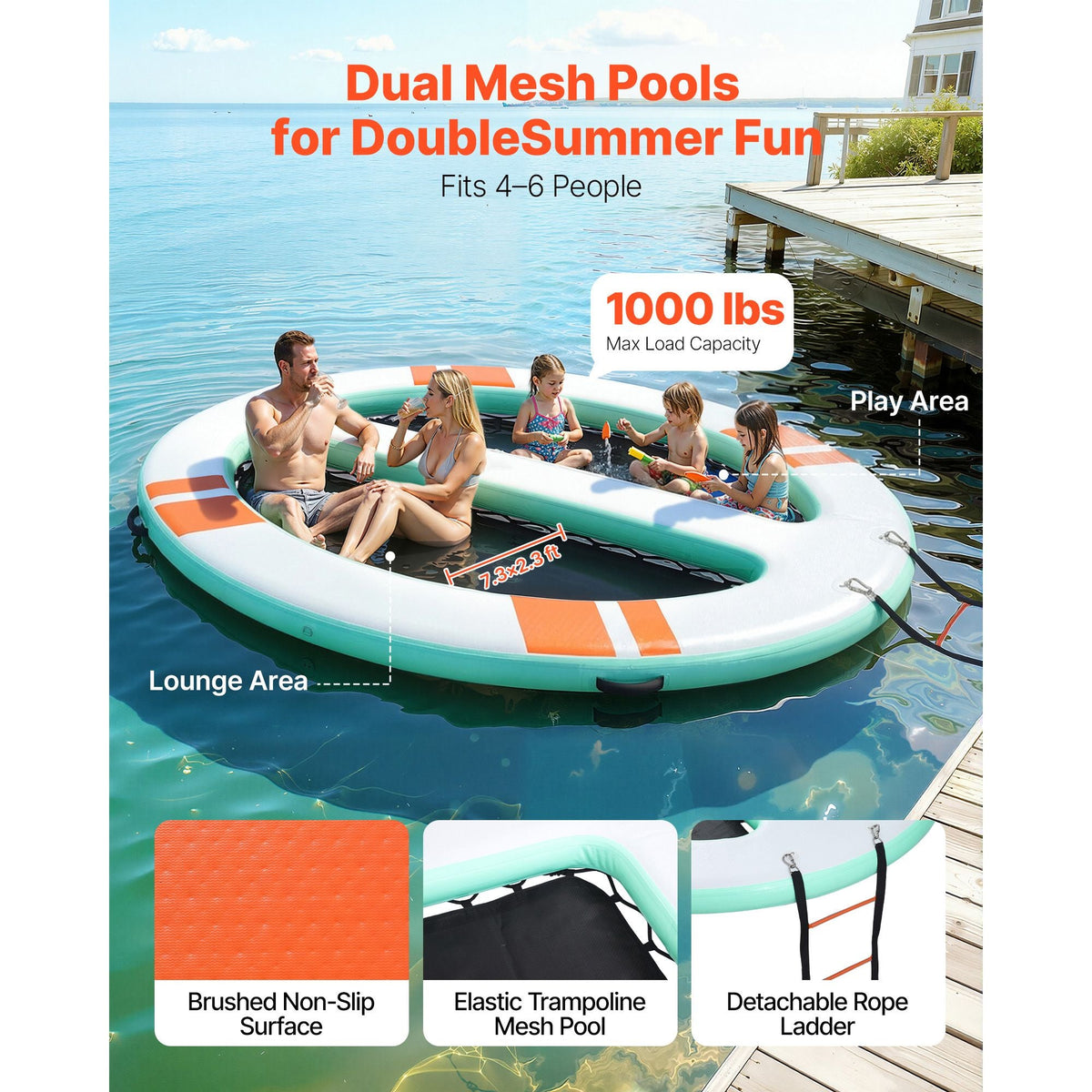 Inflatable Floating Dock, 10x8 FT Round Inflatable Dock Platform, Non-Slip Water Air Mat with Portable Carrying Bag & Detachable Ladder, Floating Water Platform Island Raft for Pool Beach Ocean