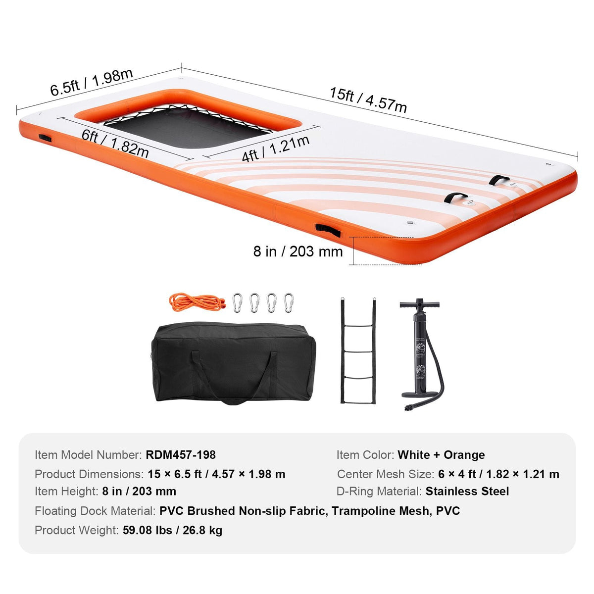 Inflatable Floating Dock, 15x6.5FT Inflatable Dock Platform with 4*6FT Trampoline Mesh Pool, Non-Slip Floating Platform Water Mat with Portable Bag & Detachable Ladder for Pool Beach Relaxation